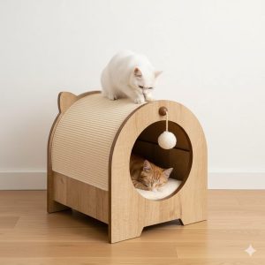 3-in-1 houten kattenhuis met krabpaal